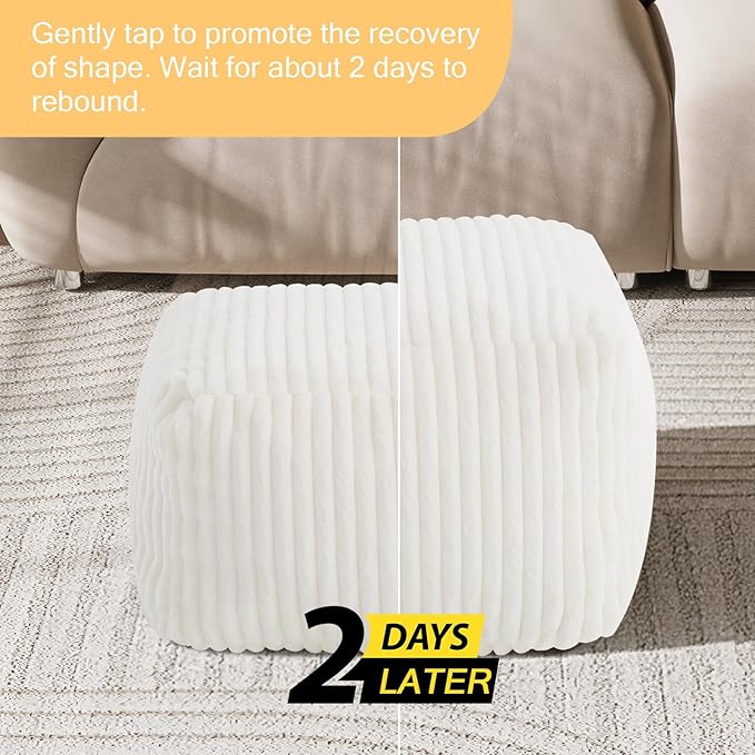 MeMoreCool Square Stuffed Pouf Ottoman Foot Rest, Stripe Furry Floor Pouf Foot Stool with Foam Chunk Filling, Soft Fluffy Stuffed Ottoman Footrest for Living Room, Faux Fur Beige