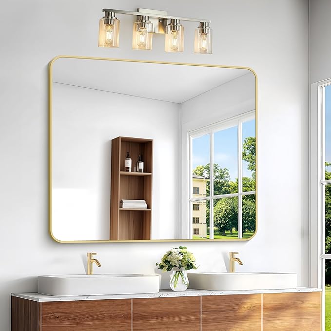 BONEWEI Gold Bathroom Mirror,40x48 inch Wall Mirror for Bathroom Wall Mounted,Round Rectangle Mirror for Bathroom Over Sink,Modern Frame for Home Decor Living Room,Bedroom Entryway,Horizontal/Vertical