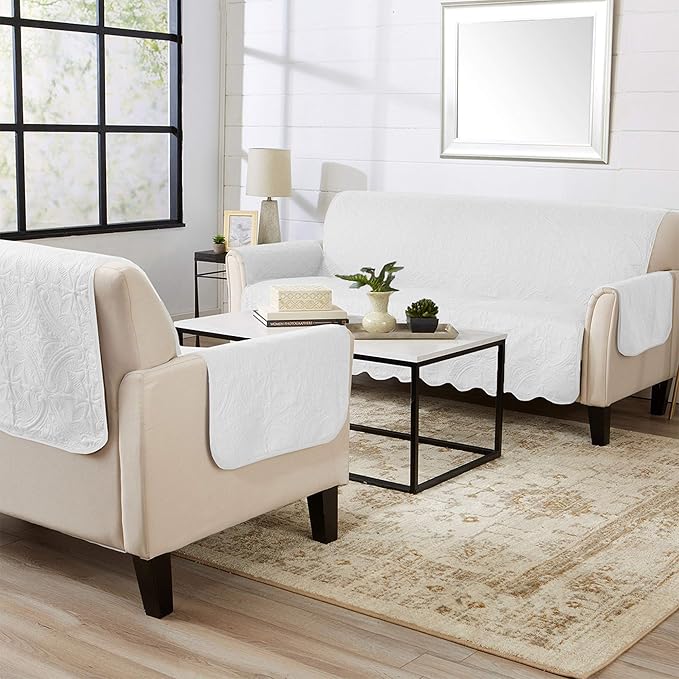 Great Bay Home Medallion Stitched Solid Furniture Protector Stain Resistant Durable Furniture Protector Elenor Collection (Sofa, White/Sand)