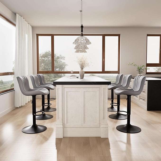 YOUNIKE Grey Bar Stools Set of 2 Modern Kitchen Counter Height Bar Chairs with Backs Faux Leather Upholstered Barstools Swivel Tall Adjustable Padded Breakfast Island Chair with Sturdy Metal Leg