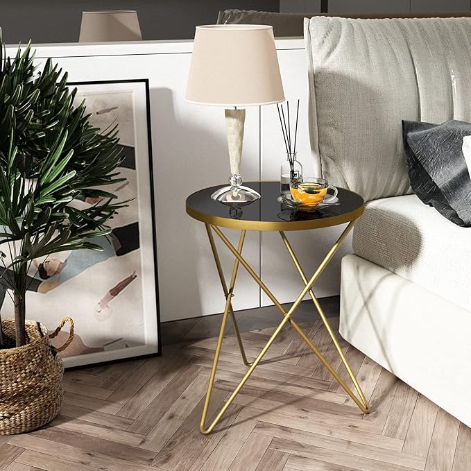 HLR Modern Round Side Table, End Table with Marble Effect Top and Gold Metal Frame, Small Side Table for Living Room, Bedroom, Sofa and Couch, Gold Legs, Black Glass top