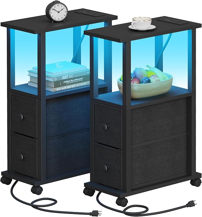 TUTOTAK Small Narrow End Tables, LED Side Tables with 2 Fabric Drawers, Set of 2, Bedside Tables with Charging Station for Small Spaces, Slim Nightstands with USB Ports and Wheels, TB01BK053L