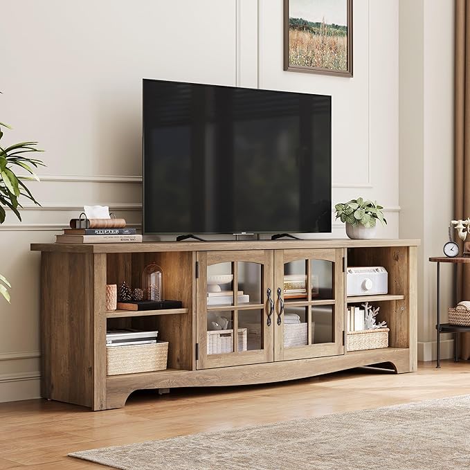 LINSY HOME TV Stand for 75 Inch TV, Modern Farmhouse Entertainment Center with Storage Cabinets and Glass Doors, Tall Media Console Table for Living Room, Bedroom, Large Long Television Stand, Brown