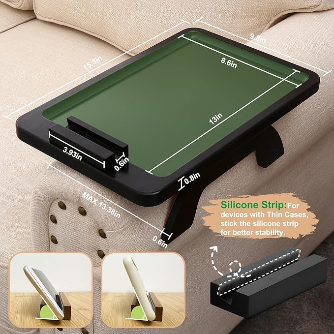 SINWANT Couch Arm Table, Bamboo Clip On Side Table Tray,Foldable Sofa Arm Tray with 360° Phone Holder for Eating Drinking Snacks Remote on Chair Armrest