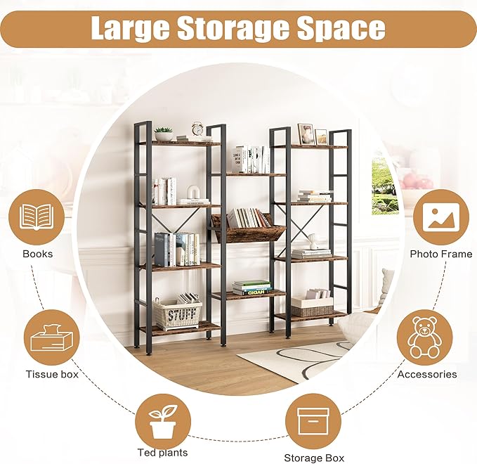 Shintenchi Industrial Bookcase,71.6” Triple 4 Tier Bookshelf with 11 Open Display Shelves,Large Etagere Bookshelf Open Record Player Shelves,Wide Book Shelf Book Case for Home & Office,Rustic Brown