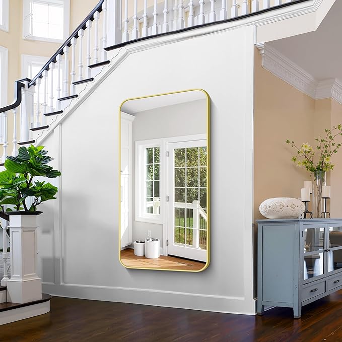 FORBATH 30x55 Inch Gold Bathroom Mirror for Over Sink, Large Rectangular Wall Mirror with Metal Frame, Rounded Corners for Bathroom, Bedroom, Entryway Decor (Horizontal or Vertical)