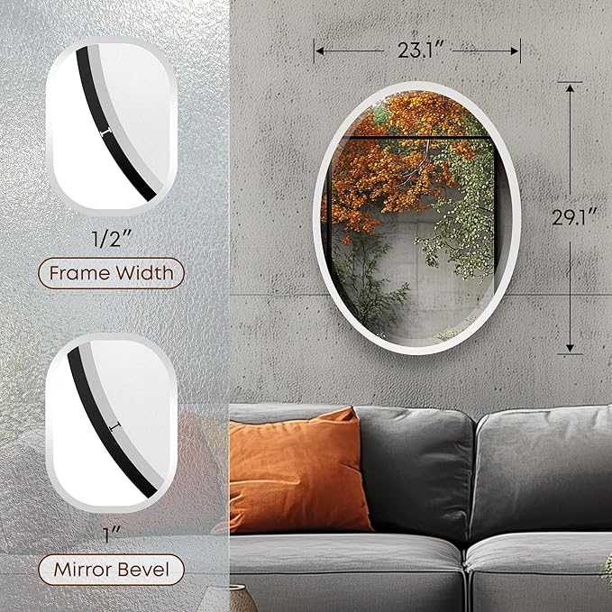 OVALCREST - Oval Wooden Beveled Wall Mirror for Home Decor, Bathroom, Vanity, Bedroom, Living Room, Hallway - London Style (Linen White) 23.1 x 29.1