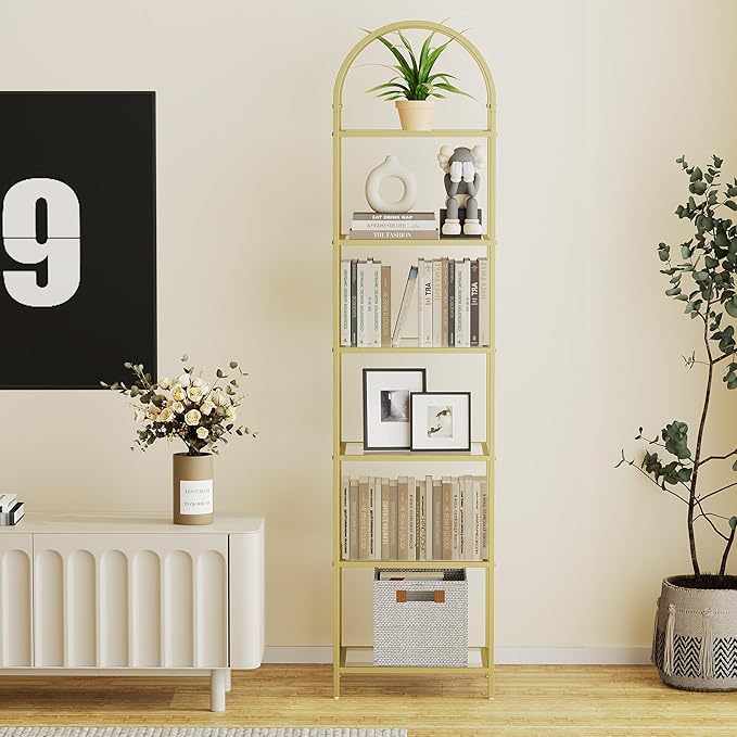 Homhedy Bookshelf Arched Display Racks,Metal Bookcase,Tempered Glass Shelves,Storage Rack Shelf for Home Office,Living Room,Bedroom, Bathroom,Modern Style (Golden, 11.8" D x 13.8" W x 68.1" H)