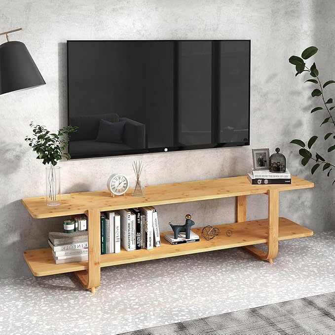 HollyHOME Bamboo TV Stand with Storage for TVs up to 65'', Modern Entertainment Center with 2 Open Shelf, Accent TV Media Console Table for Living Room, Bedroom, 55"(L), Burlywood