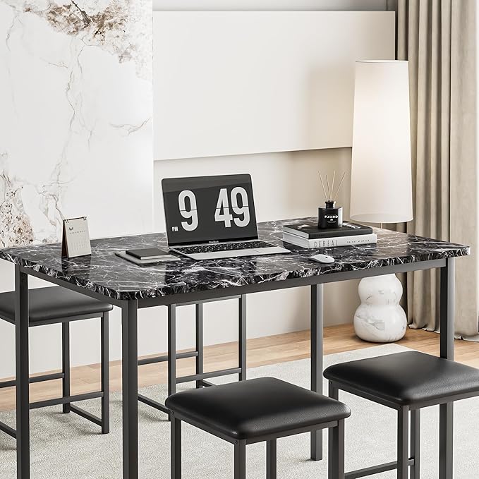 VECELO Kitchen Table and Chairs for 4, Dining Room Set with PU Chairs/Stools, Heavy-Duty Metal Frame, Faux Marble Tabletop, Space-Saving Design for Small Spaces, Easy Assembly, Elegant Black