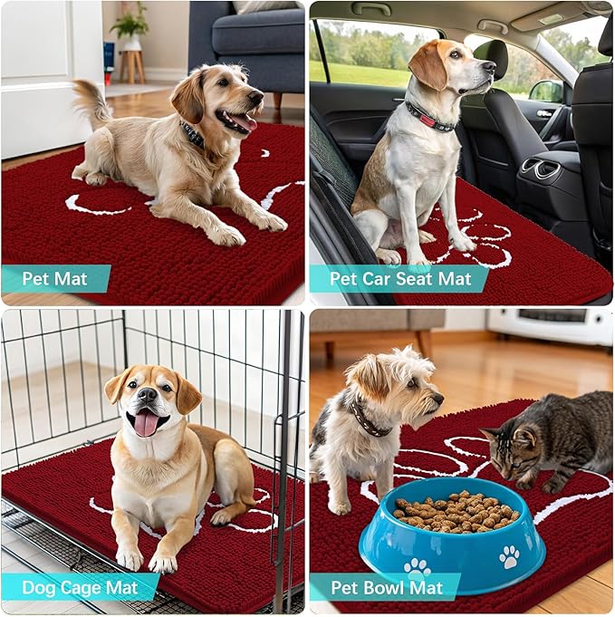 OLANLY Door Mat for Muddy Dog Paws 24x16, Ultra Absorbent Chenille Mud Doormat with Paw Print Design, Non-Slip Washable Doormat for Indoor Entryway, Quick-Dry Pet Bed Mats for Dirty Dogs, Red