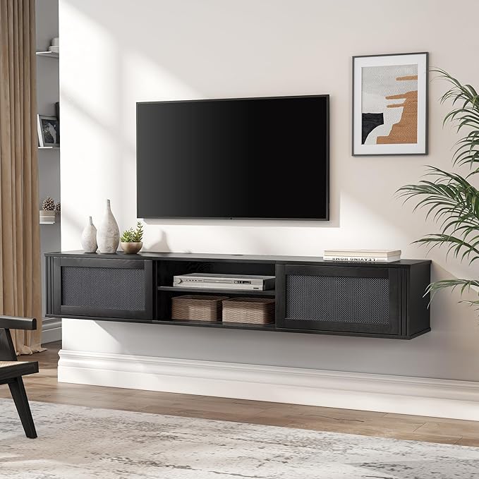 WAMPAT 70" Floating TV Stand with Power Outlet, 2-Tier Wood Media Console Entertainment Center with 2 Rattan Doors, Modern Wall Mounted TV Shelf Cabinet for Under TV, Living Room, Bedroom, Black