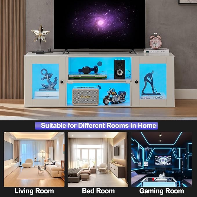 VECELO LED TV Stand for Televisions up to 70 Inchs Modern Entertainment Center with Storage Media Console with 23 Flashing Options and 4 Customizable Modes for Living Room, Bedroom