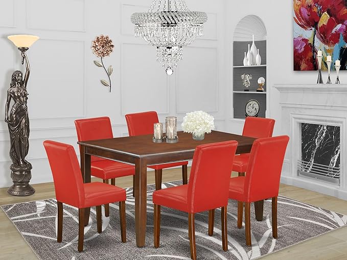 East West Furniture DUAB7-MAH-72 7 Piece Dining Set Consist of a Rectangle Dining Room Table and 6 Firebrick Red Faux Leather Upholstered Parson Chairs, 36x60 Inch, Mahogany