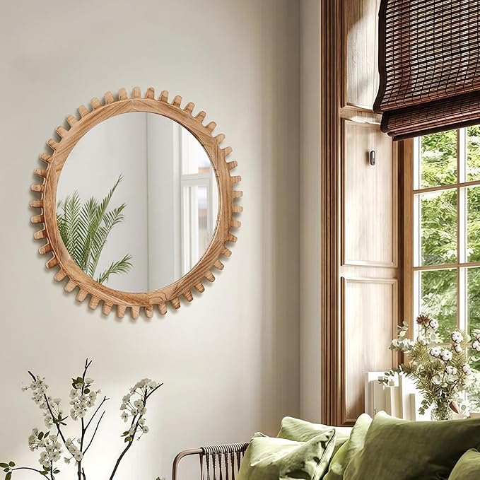 ULIKE Round Wood Mirror, 24 Inch Rustic Farmhouse Circle Mirror with Wooden Frame, Mordern Wall Decor for Bathroom Nursery Bedroom Living Room Entryway, Brown