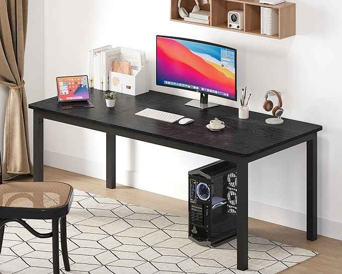 GarveeHome 70.8in Industrial Dining Table for 6, Wooden Long Dinner Table with Mortise Tenon Design, Kitchen Table with Sturdy Metal Legs, for Dining Room Home Office Living Room, Black