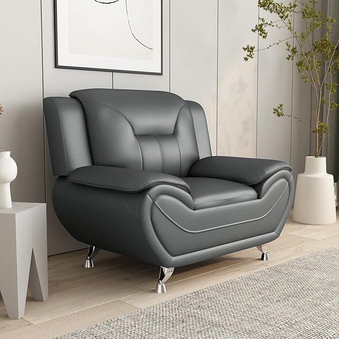 Container Furniture Direct Michael Modern Faux Leather Upholstered Stainless Steel Legs Living Room Sofa, Chair, Gray