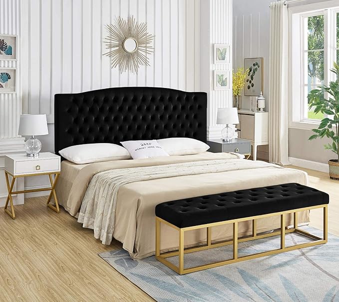 24KF Upholstered Tufted Long Bench with Golden Metal Leg, Black Velvet Bench with Padded Seat-Black