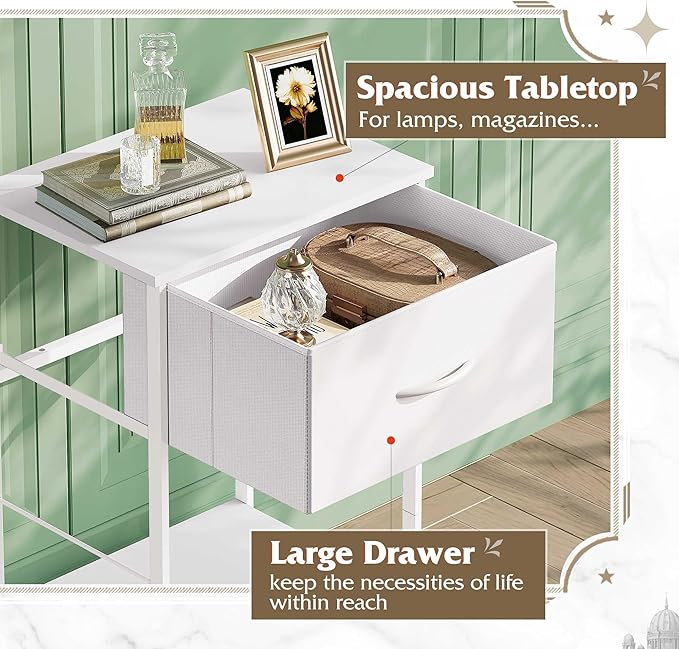 WLIVE White Nightstand, Night Stand with Fabric Storage Drawer and Open Wood Shelf, Small End Side Table, Bedside Table for Bedroom, Dorm, Easy Assembly, 25.03" Height