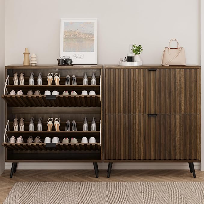 Smuxee Shoe Cabinet with 2 Flip Drawers, 31.5" Walnut Hidden Shoe Storage Cabinet with Fluted Design, Freestanding Shoe Organizer Cabinet for Entryway, Hallway, Closet, Living Room