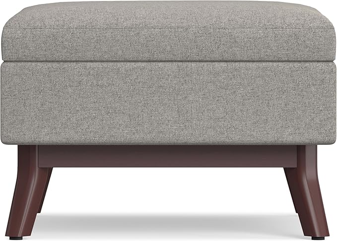 SIMPLIHOME Owen 34 inch Wide Mid Century Modern Rectangle Coffee Table Storage Ottoman in Cloud Grey Polyester Fabric, Assembled, For the Living Room, Entryway and Family Room