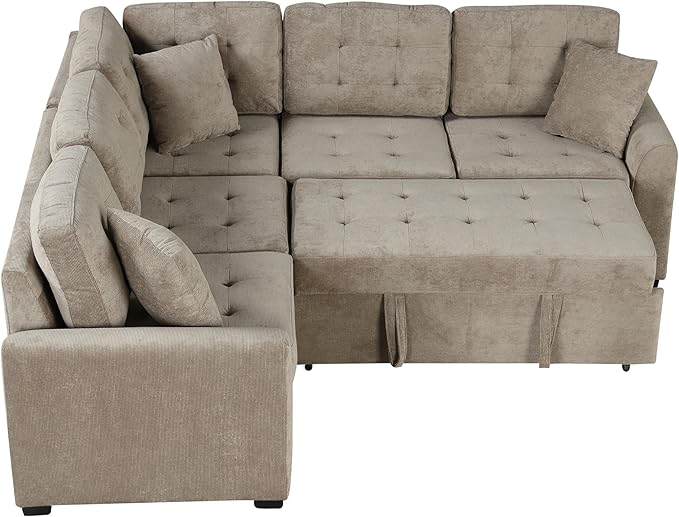 82" Convertible Sleeper Sofa with Pull-Out Bed,L-Shape Chaise Couch W/USB Ports & Power Sockets,Space Saving,Easy Assembly,Modern Corner Reversible Furniture Set for Living Room,Khaki Velvet
