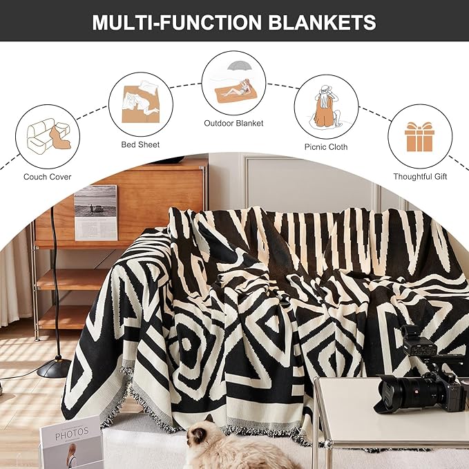 STACYPIK Boho Black Beige Couch Cover Wrinkle Resistant Sofa Cover for Cat Dog Geometric L Shaped Slipcover for Sectional Multi-Use Pet Protector for 2 Cushion Couch Tassels Recliner Cover-71x118IN