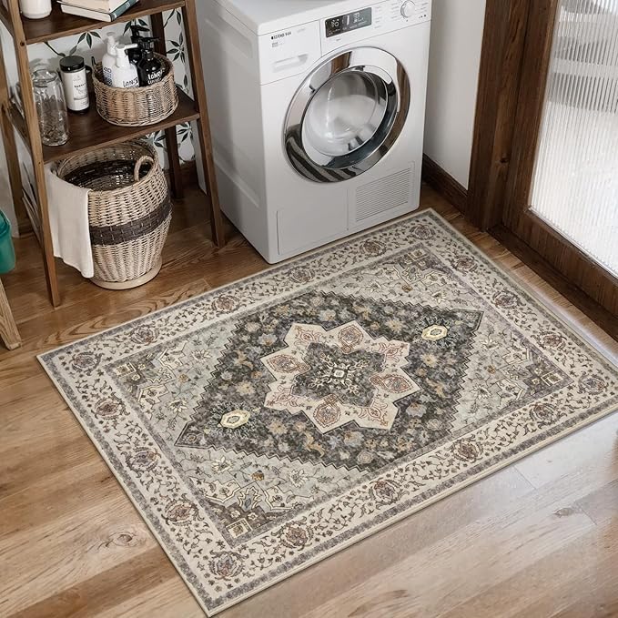 Tangsoo 2x3 Washable Rugs for Entryway, Vintage Non Slip Small Area Rug, Indoor Front Door Rug, Door Mat Small Carpet, Soft Low Pile Entry Rug for Entrance Kitchen Bedroom Print Distressed Grey/Brown