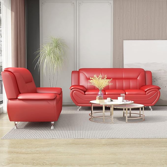 Container Furniture Direct Michael Modern Faux Leather Upholstered Stainless Steel Legs Living Room Sofa, Persian Red
