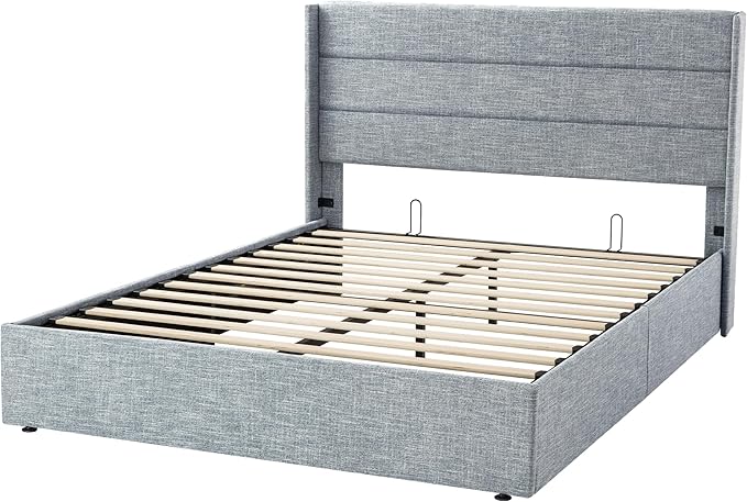 SHA CERLIN Full Size Lift Up Storage Bed/Modern Wingback Headboard/Upholstered Platform Bed Frame/Hydraulic Storage/No Box Spring Needed/Wood Slats Support/Grey Blue