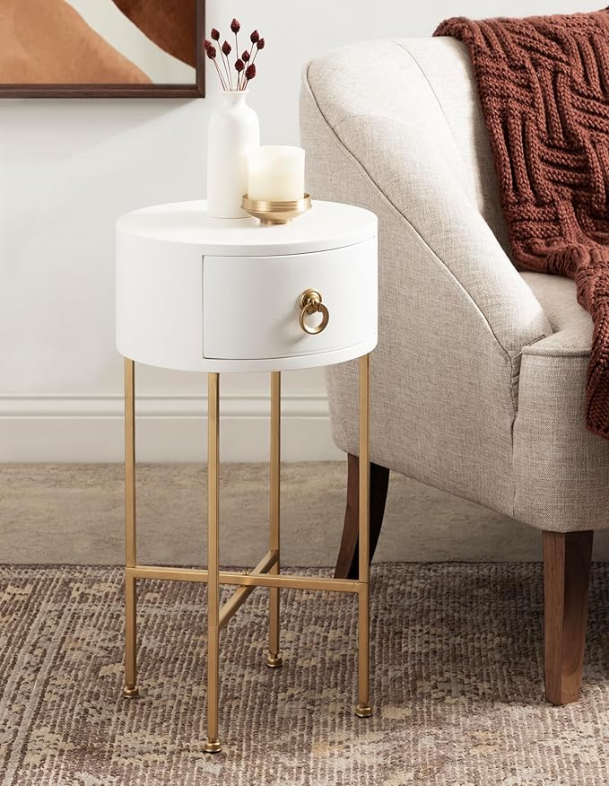 Kate and Laurel Decklyn Decorative Glam Round Side Table, 14 x 14 x 24, White and Gold, Modern Circle Living Room Table with Pull Drawer for Useful Storage
