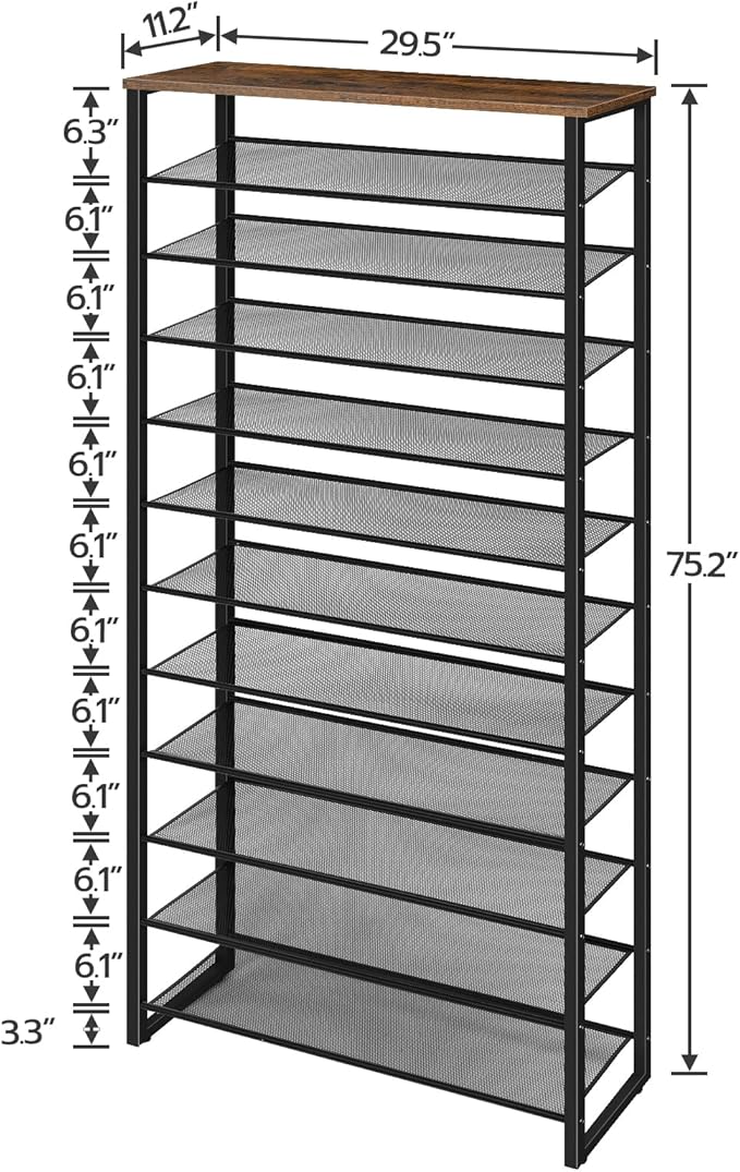 HOOBRO 12-Tier Shoe Rack, 29.5" L Shoe Storage Organizer, Large Capacity Shoe Shelf for Front Door Entrance, Entryway, Closet, Holds 36-48 Pairs of Shoes, Closet, Rustic Brown and Black BF127XJ01