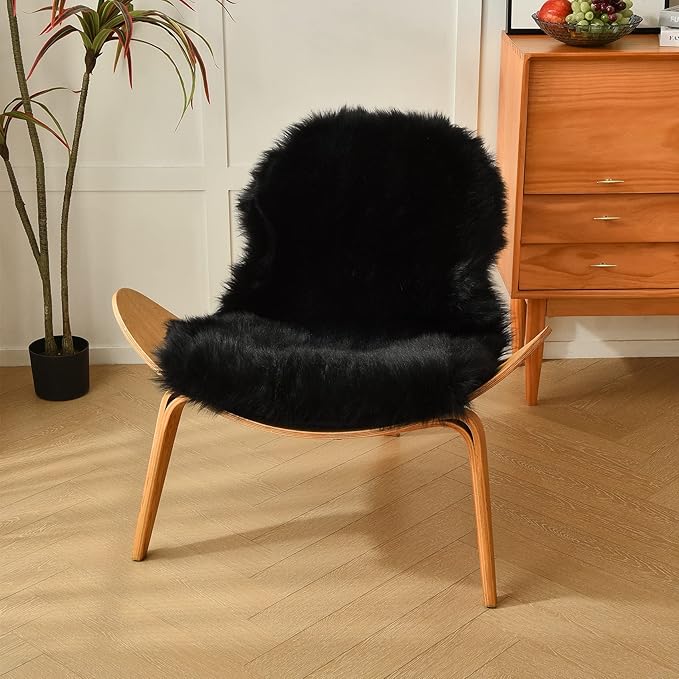 duduta Black Faux Sheepskin Fur Throw Rug 2x3 ft, Fluffy Shag Chair Cover Small Bedside Dorm Rug Non Slip Machine Washable