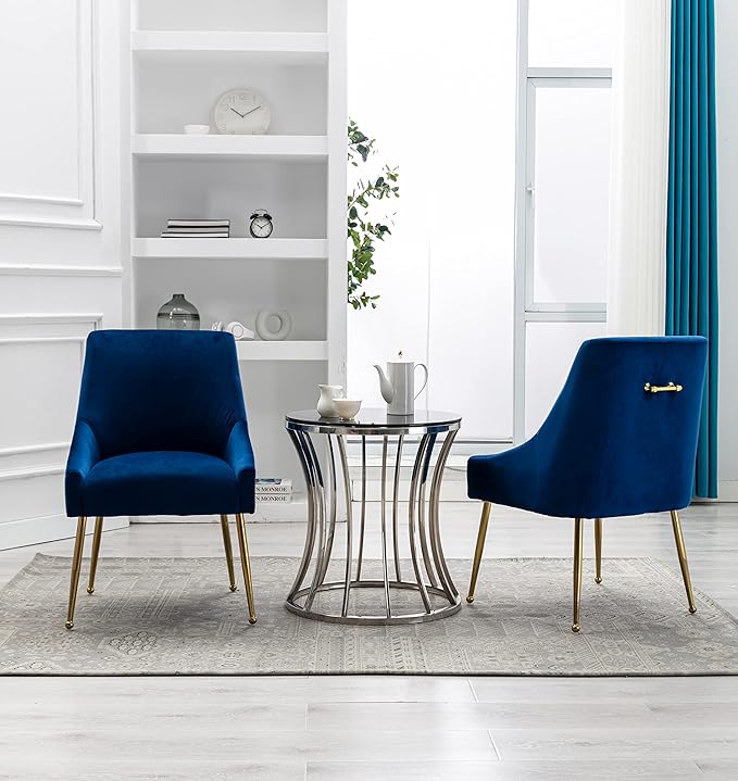 Velvet Dining Chairs Set of 2, Furniture Collection Modern Contemporary Upholstered with Polished Gold Metal Legs(Blue)