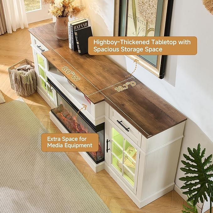 ROCKPOINT 3 Sided Glass 80" Fireplace TV Stand for TVs up to 90", Entertainment Center with Drawers and Glass Door Storage Cabinet for Living Room,36" Electric Fireplace & Adjustable LED Light,White