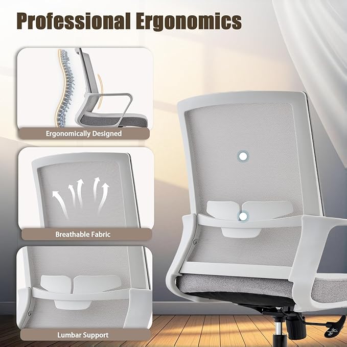 Office Chair ergonomically Designed with Breathable mesh backrest and Lumbar Support Adjustable Height Suitable for Offices Homes bedrooms Study Rooms Grey