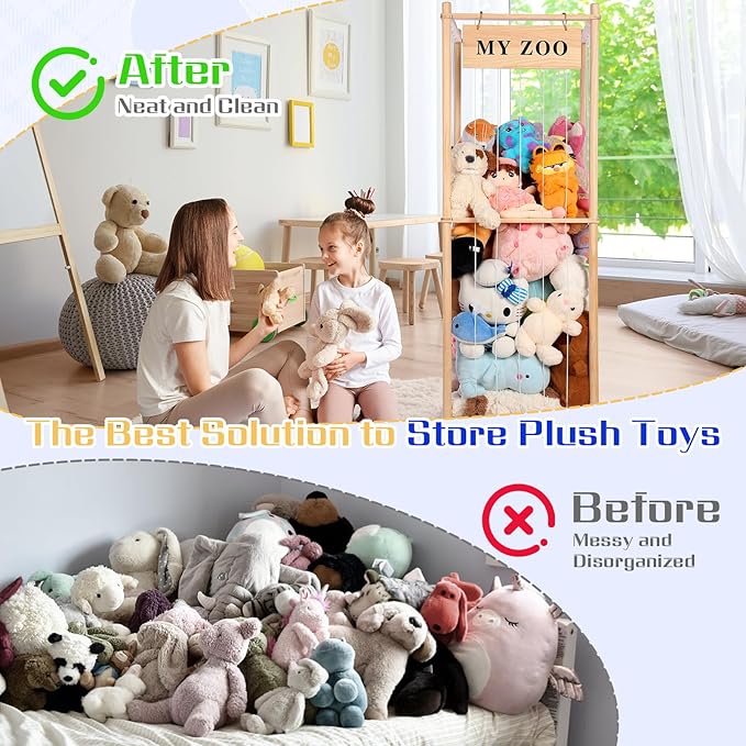 Stuffed Animal Storage Zoo, Wooden Stuffed Animal Organizer with Elastic Cords for Boys Girls, Space Saving Toy Plushies Storage Holder for Playroom, Bedroom, Living Room (Burlywood, Large)