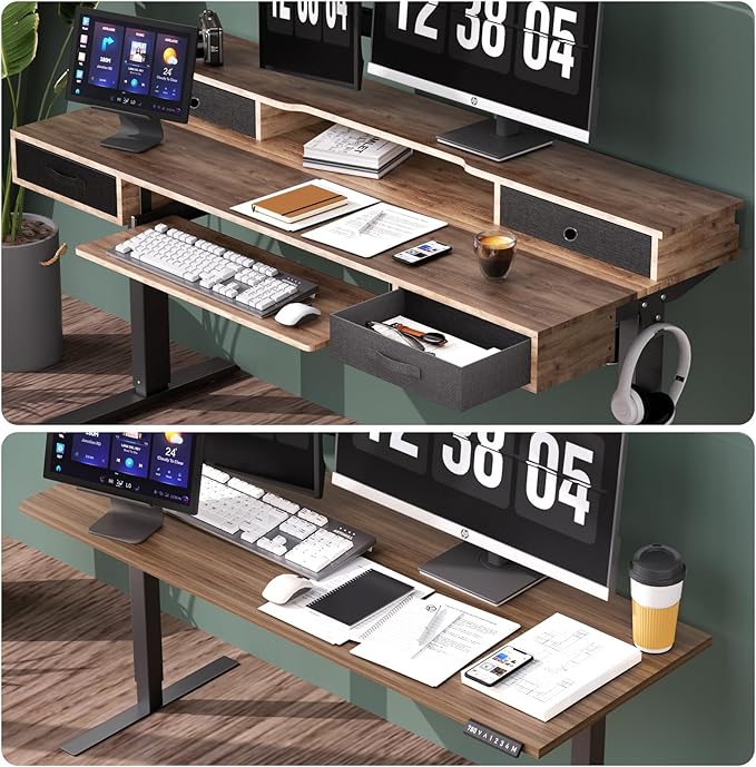 Electric Standing Desk, 55" Standing Desk Adjustable Height, Adjustable Desk with 4 Drawers, Ergonomic Adjustable Sit Stand Desk with Keyboard Tray, Rustic Brown