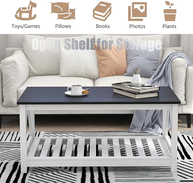 Farmhouse Coffee Table, Black and White Coffee Table for Living Room, 2-Tier Rectangular Wooden Centre Cocktail Table with Slats Shelf Storage and V-Shaped Frame Modern Coffee Tables Oak Black