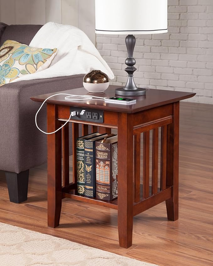 AFI, Mission End Table with Charging Station, Walnut
