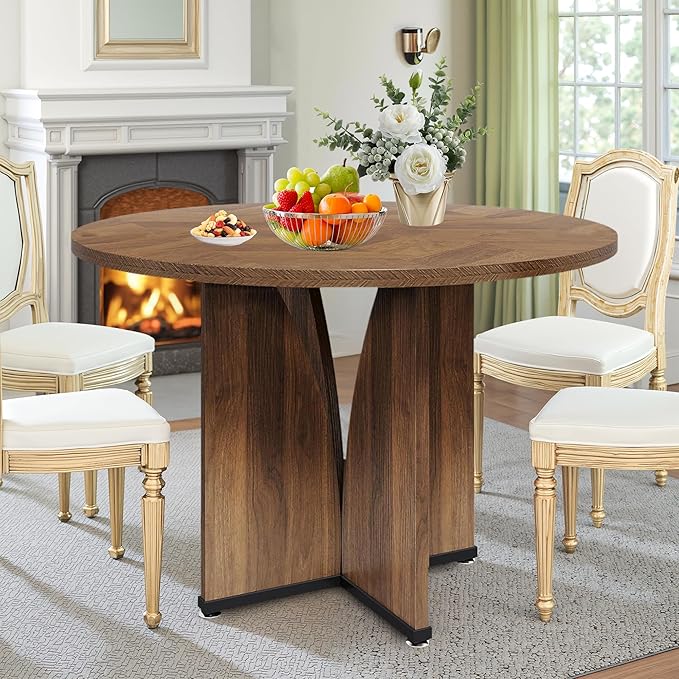Round Dining Table for 4, 39" Small Dinner Table with Cross Base Round Brown Kitchen Tables for Dining Room, Kitchen, Living Room