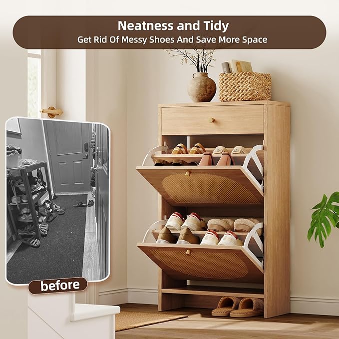 Nicetree Shoe Storage Organizer with 2 Flip Drawers and 1 Drawer, Freestanding Fluted Accent Narrow Shoe Rack, Farmhouse Shoe Cabinet with 3-Tier Adjustable Shelves for Hallway Foyer Rustic