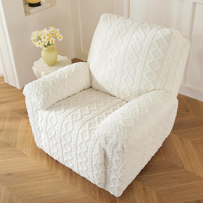 vctops 4 Pieces Geometric Jacquard Plush Recliner Slipcovers Soft Fuzzy Fluffy Sofa Couch Cover Anti-Slip Furniture Protector with Elastic Bottom for Kids Cats Dogs(Cream,1 Seat)