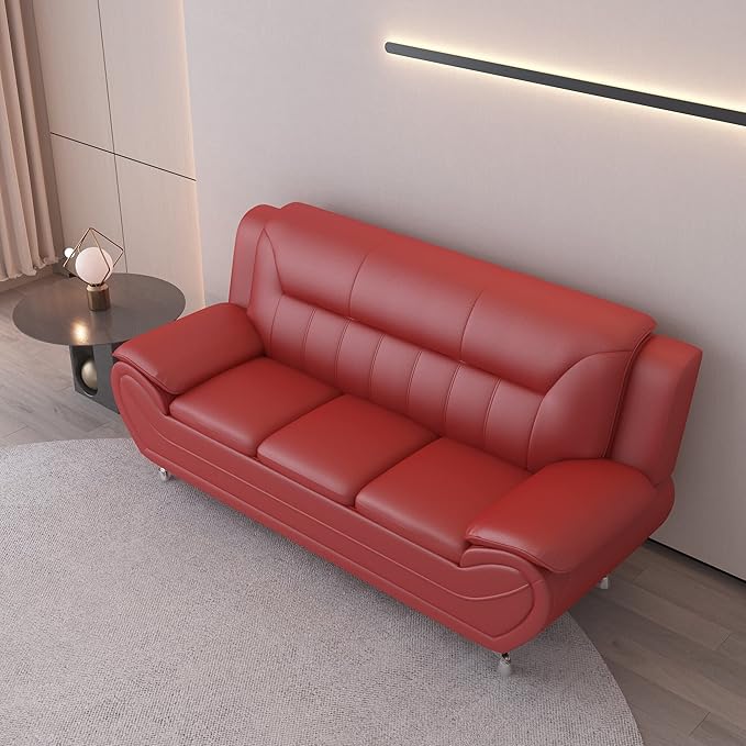 Container Furniture Direct Michael Modern Faux Leather Upholstered Stainless Steel Legs Living Room Sofa, Red