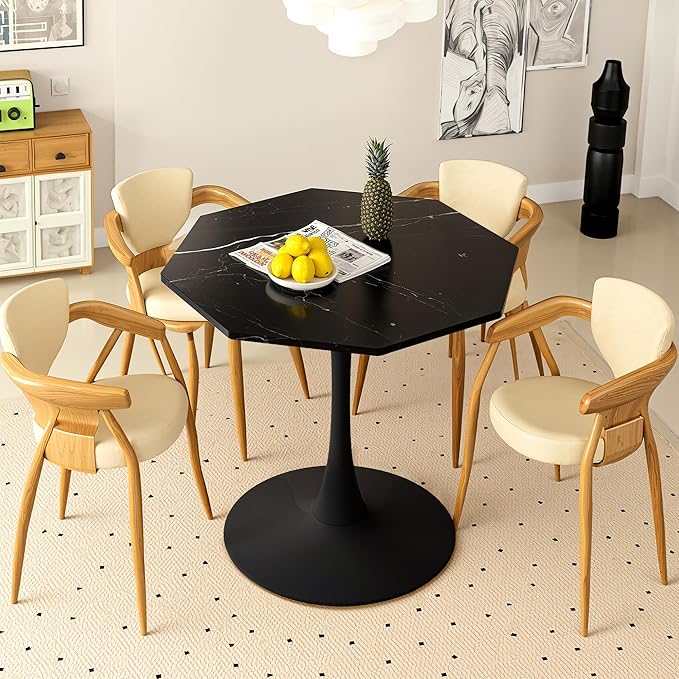 Dining Table for 2-4, 31.5" Kitchen Table with Printed Marble Top, Modern Tables for Dining Room, Living Room, Coffee Bar, Black