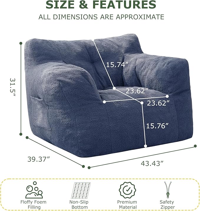 HIGOGOGO Giant Bean Bag Chairs for Adults,Big Comfy Chair Sofa for Bedroom Living Room, Large Lazy Bean Bag Chair with Pocket Armrests for Gaming, Reading