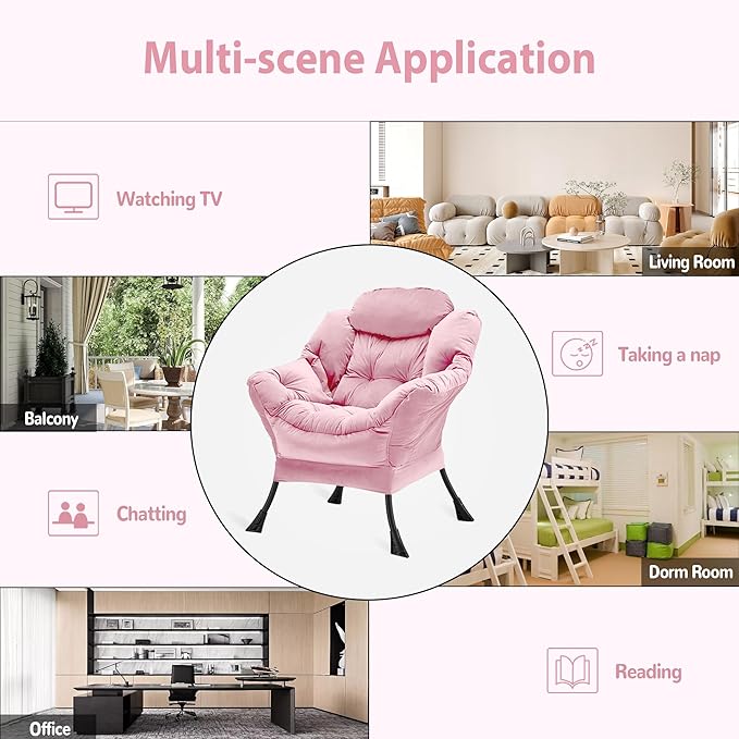 Lazy Chair Thick Padded, Comfy Velvet Accent Lounge Chair with Stable Frame, Leisure Sofa Armchair with Armrests and Side Pocket, Reading Chair for Bedroom, Living Room, Office, Pink
