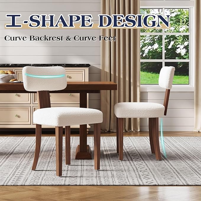 Mid-Century Dining Chair Set of 4, Upholstered Sherpa Seats with Ergonomic Curved Back and Adjustable Legs for Dining Room, Bedroom, Kitchen, White Sherpa