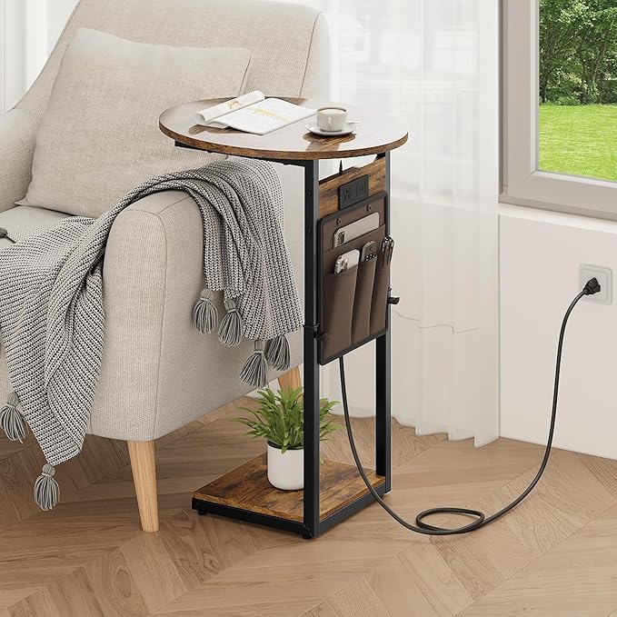 Vagusicc C Shaped End Table with Charging Station, Adjustable Height Side Table for Couch, 32" Tall End Table Small Couch Side Table, Slide Under Sofa TV Tray Snack Arm Tables for Living Room, Brown