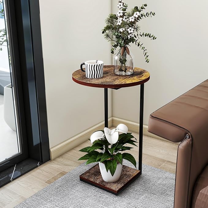 HDANI C Table End Table Set of 2,Round Side Table That Slide Under,C Shaped End Table for Couch,Small Table for Living Room,Bedroom,Rustic Brown